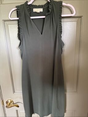 Michael Kors Olive Green Sleeveless Ruffle Neck Shift Dress